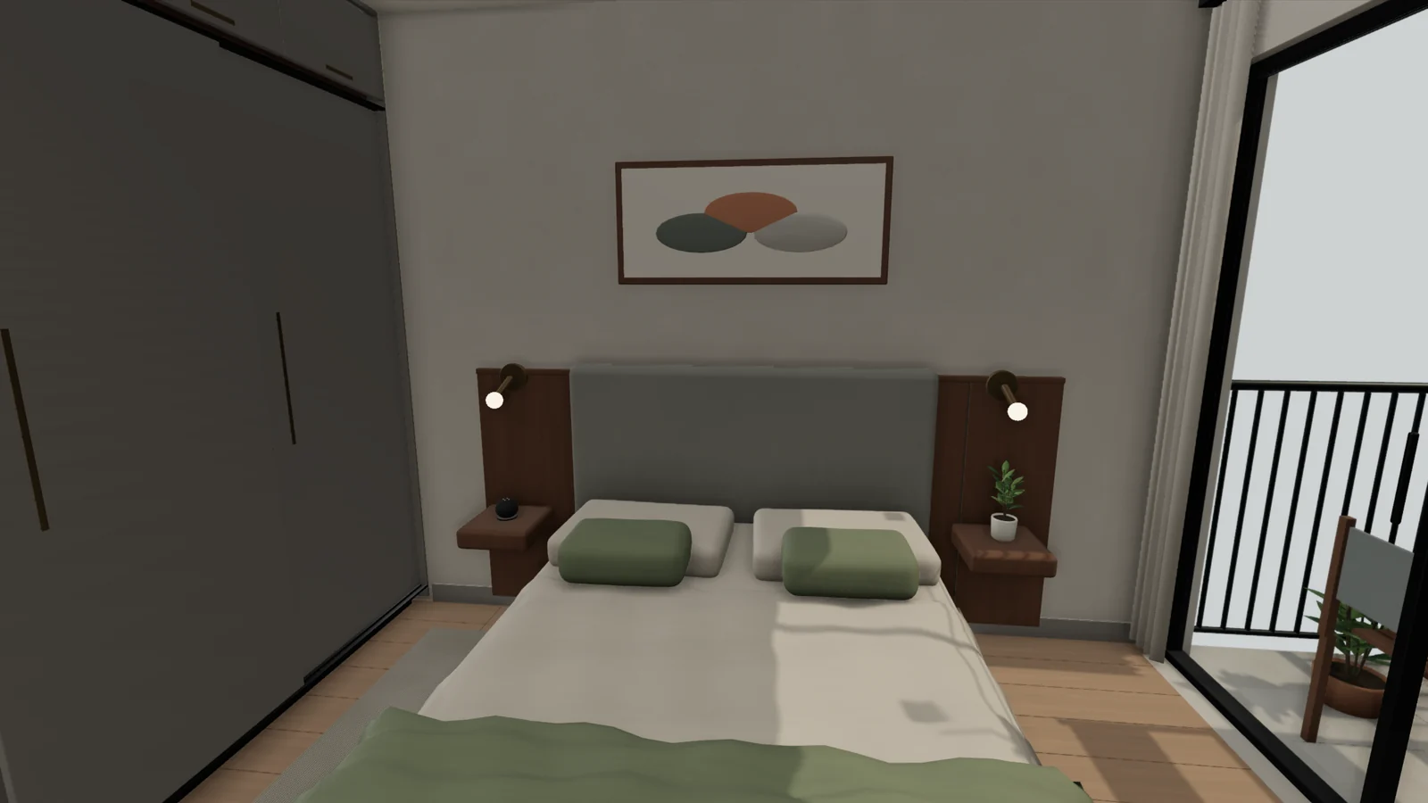 Rendered view of a bedroom with a fitted wardrobe