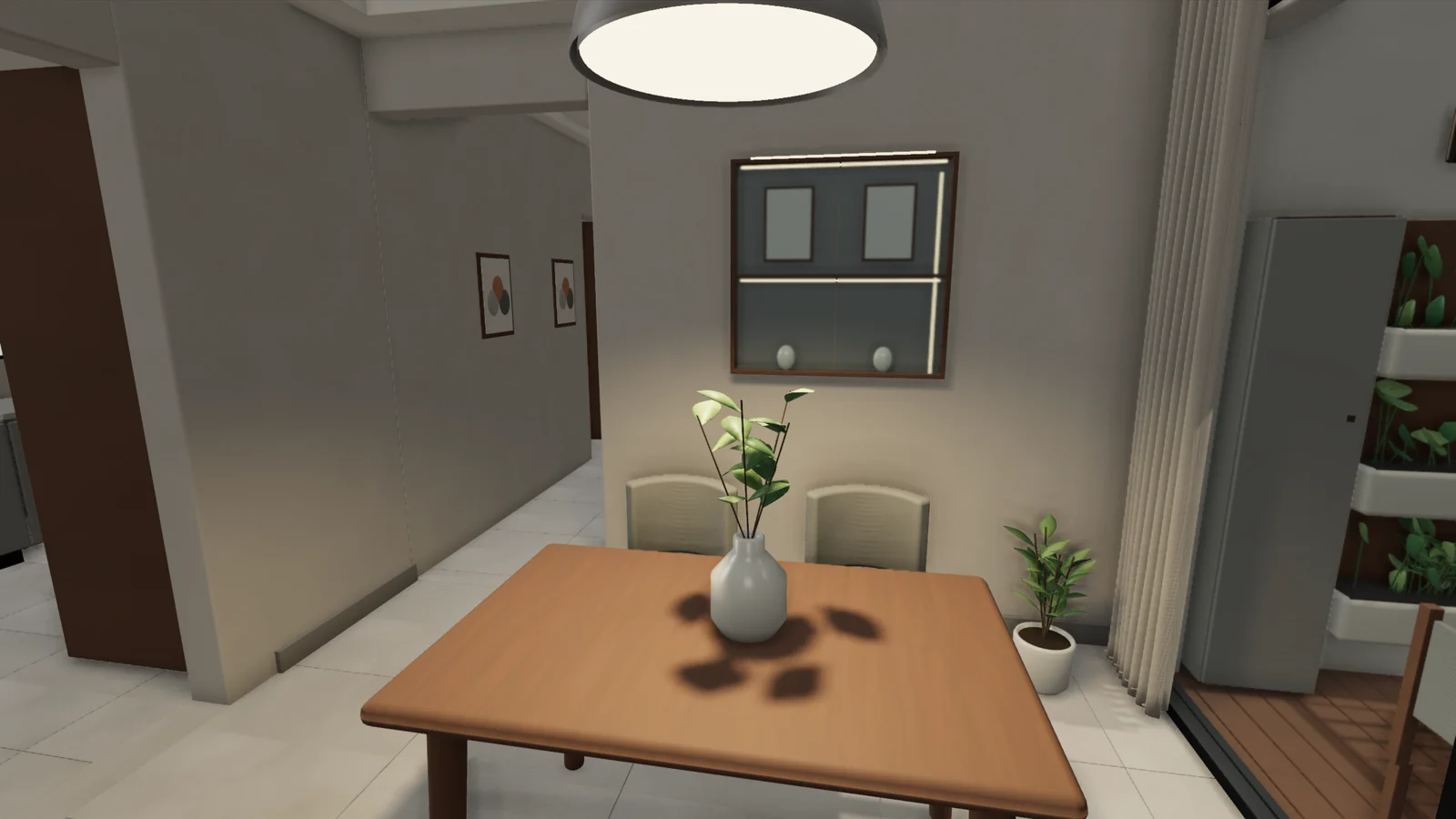 Rendered view of the dining table and the balcony beyond it