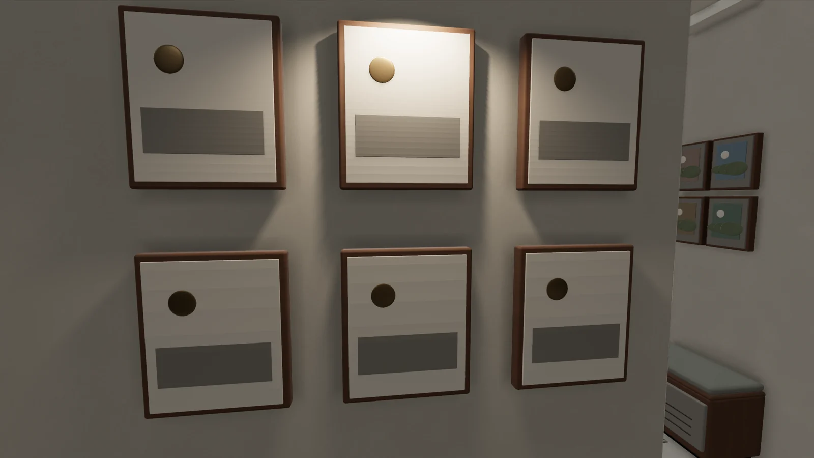 Rendered view of a wall of framed abstract prints
